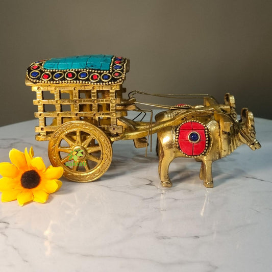 Handcrafted Brass Bull Cart | Traditional Indian Rural Charm for Your Home | Brass Bull Cart Showpiece With Stone Finish ( Multi Color)