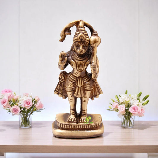 Brass Mini Hanuman Statue | Perfect for Home Temples and Spiritual Ambiance | Elegant Brass Hanuman Figurine ( Brown, 4 inch)