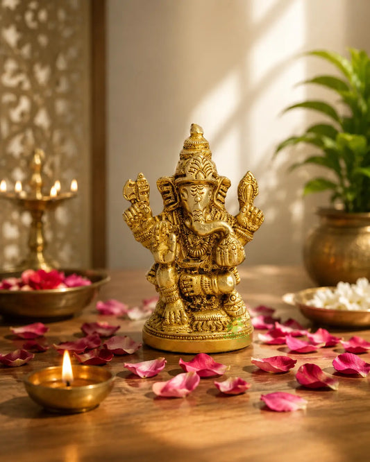 Lord Ganesha Brass Statue | Sacred Idol for Temple and Spiritual Spaces | Brass Small Statue of Ganesha ( Yellow, 2 inch)