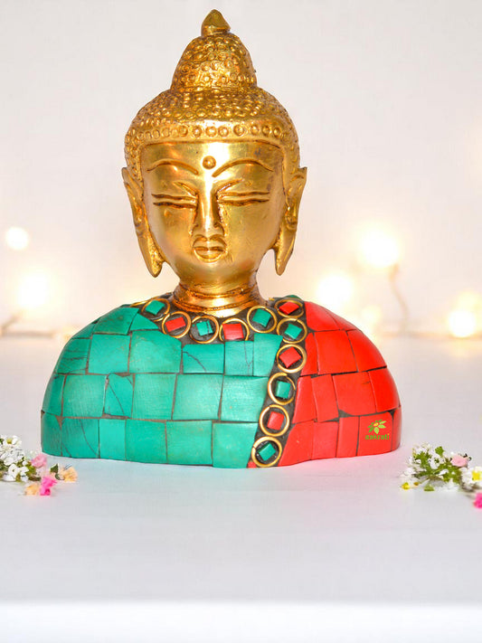 God Buddha Bust with coral Stone work of Brass