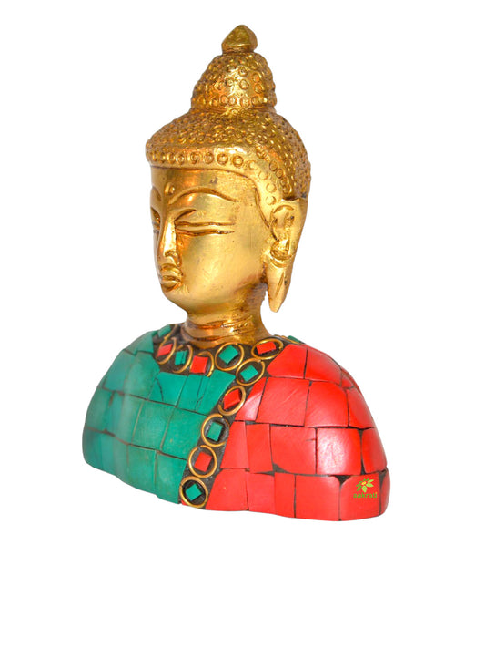 God Buddha Bust with coral Stone work of Brass