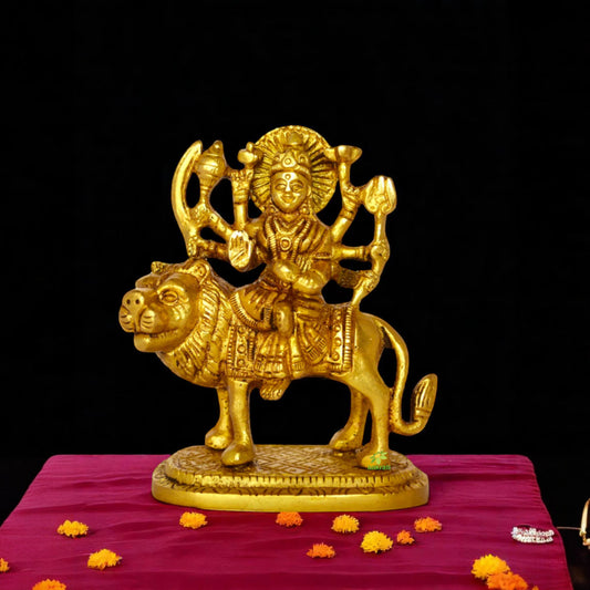Goddess Durga Brass Statue | Blessings for Your Family and Home | Brass Durga Maa Handmade Idol ( Yellow, 4 inch)