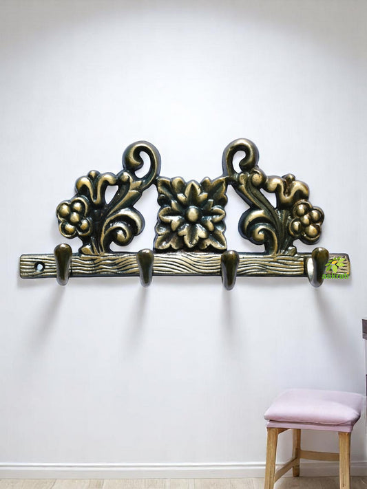 Brass Floral Design Wall Hanger | Perfect Blend of Beauty and Function | Antique Hanmade Brass Wall Hanger ( Yellow, 8 inch)