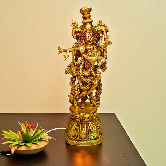 Divine Krishna Brass Idol | Spiritual Blessings for Your Sacred Space | Brass Lord Krishna Murti ( Yellow, 12 inch)