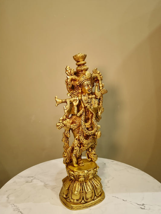 Divine Krishna Brass Idol | Spiritual Blessings for Your Sacred Space | Brass Lord Krishna Murti ( Yellow, 12 inch)