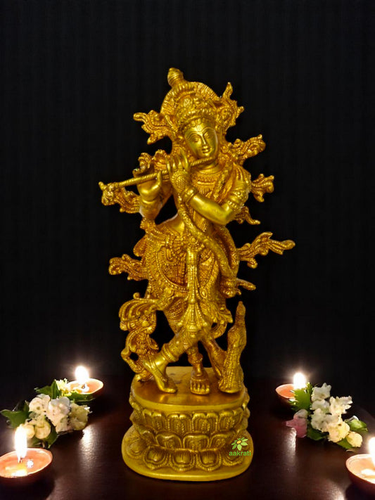 Brass Lord Krishna Statue | Elegant and Sacred Home Accent | Krishna Brass Idol ( Yellow, 12 inch)