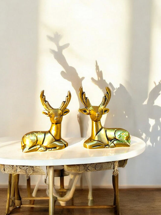 Brass Deer Pair Statue | Elegant Home Decor for Living Room & Office | Premium Brass Deer Pair Figurine ( Yellow, 2.4 inch)