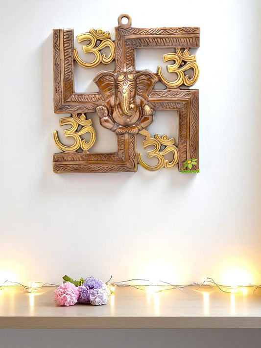 Brass Ganesha Swastik Wall Hanging | Traditional Religious Symbol | Handcrafted Brass Ganesha Swastik Wall Hanging Items ( Brown, 8 inch)