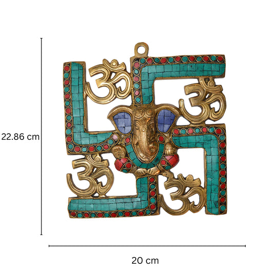Ganesha and Swastik Brass Wall Hanging/wall Decor Turquoise work ( Multicolor, 9 inch)