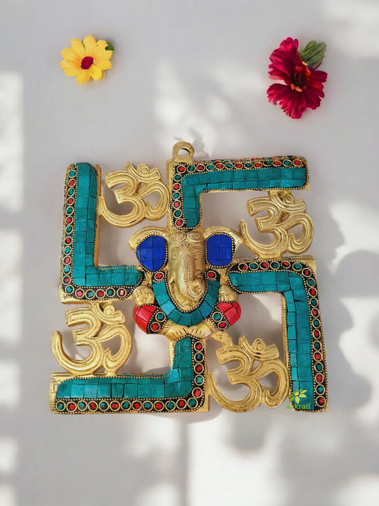 Ganesha and Swastik Brass Wall Hanging/wall Decor Turquoise work ( Multicolor, 9 inch)