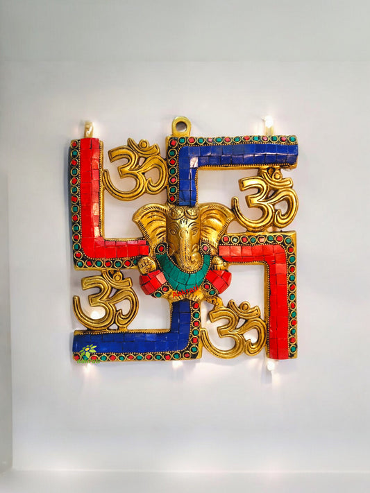 Ganesha and Swastik Brass Wall Hanging/wall Decor Turquoise work ( Multicolor, 9 inch)