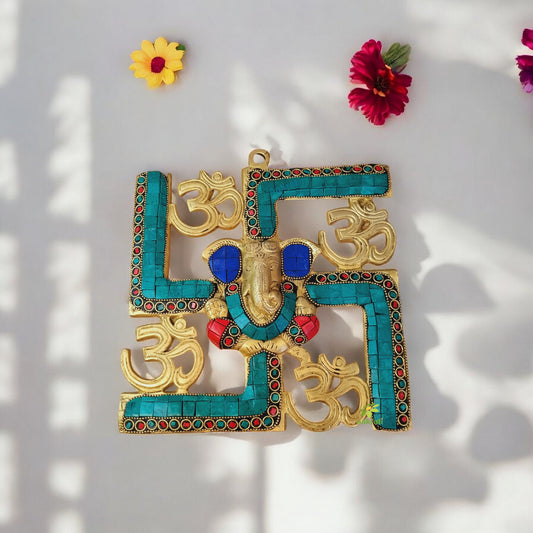 Ganesha and Swastik Brass Wall Hanging/wall Decor Turquoise work ( Multicolor, 9 inch)