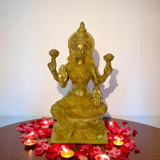 Lakshmi Brass Made Statue | Laxmi Sitting Statue (Yellow, 12 Inch)