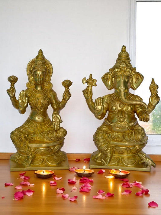 Brass Metal Hand Carved Lakshmi and Ganesha Pair