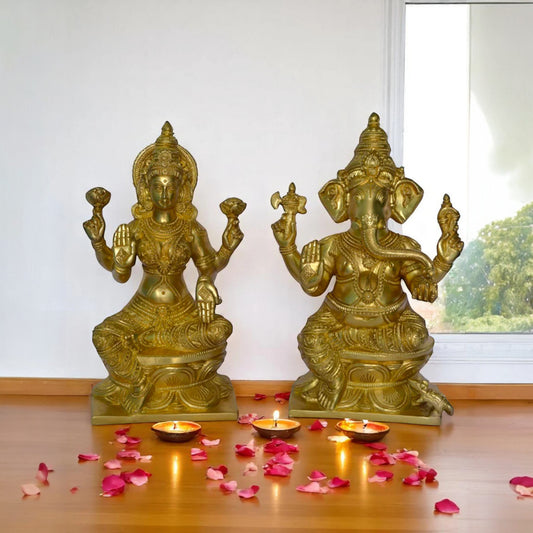 Brass Metal Hand Carved Lakshmi and Ganesha Pair