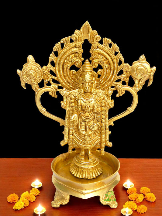 Brass Lord Balaji Idol | Ideal for Spiritual Home Decor | Handmade Brass Balaji Murti with Shankh and Chakra ( Yellow, 11.2 inch)
