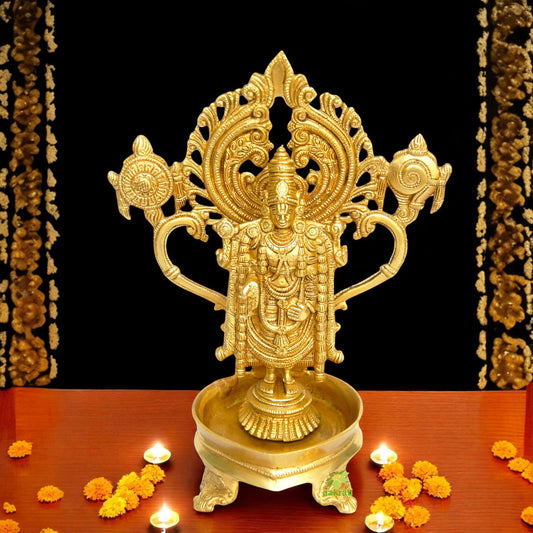 Brass Lord Balaji Idol | Ideal for Spiritual Home Decor | Handmade Brass Balaji Murti with Shankh and Chakra ( Yellow, 11.2 inch)