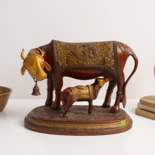 Brass Metal Nandi Cow & calf hand carved decorative Statue for temple & Decor  Red Antique Finish