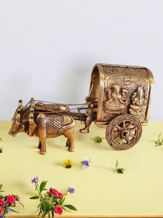 Brass Bullock Cart Statue | Beautiful Vintage Decor for Sacred Spaces | Brass Bullock Cart Showpiece ( Yellow, 6.7 inch)