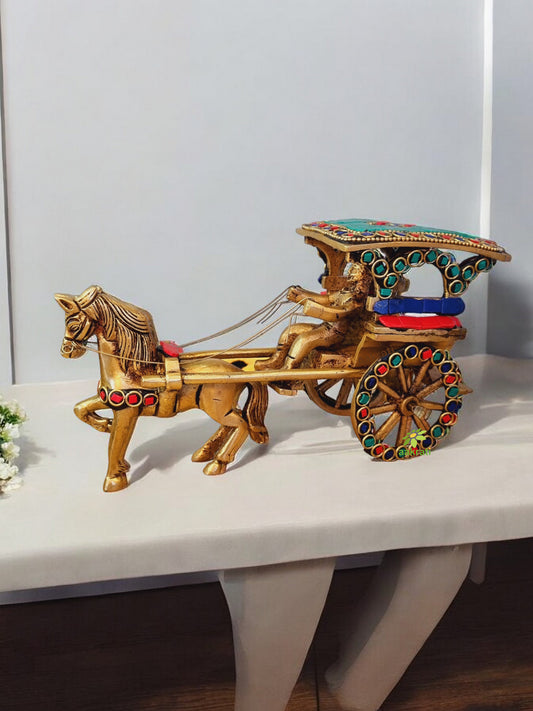 Aakrati Vintage Old Horse Cart Made in Brass a Type of Old Golf Cart with Driver and Golfing Equipment Handmade in India