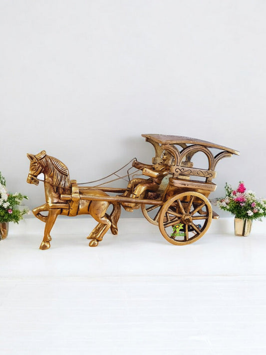 Vintage Brass Carriage Horse Cart - Desk Showpiece/Metal Decorative Gift with Wheel Pull Figurine Statue - Home Decor - Indian Metal Craft - Antique Collection