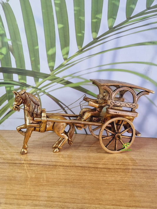 Vintage Brass Carriage Horse Cart - Desk Showpiece/Metal Decorative Gift with Wheel Pull Figurine Statue - Home Decor - Indian Metal Craft - Antique Collection