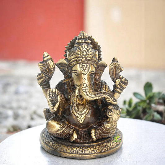 Mini Brass Ganesha Murti | Perfect Decorative Piece for Home and Temple | Handcrafted Small Ganesha Statue in Brass ( Yellow, 3.9 inch)
