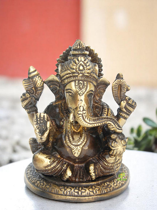 Mini Brass Ganesha Murti | Perfect Decorative Piece for Home and Temple | Handcrafted Small Ganesha Statue in Brass ( Yellow, 3.9 inch)