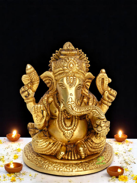 Brass Ganesha Idol | Ideal for Blessings, Prosperity, and Spiritual Energy | Handmade Mini Brass Ganesha Murti ( Yellow, 3.9 inch)