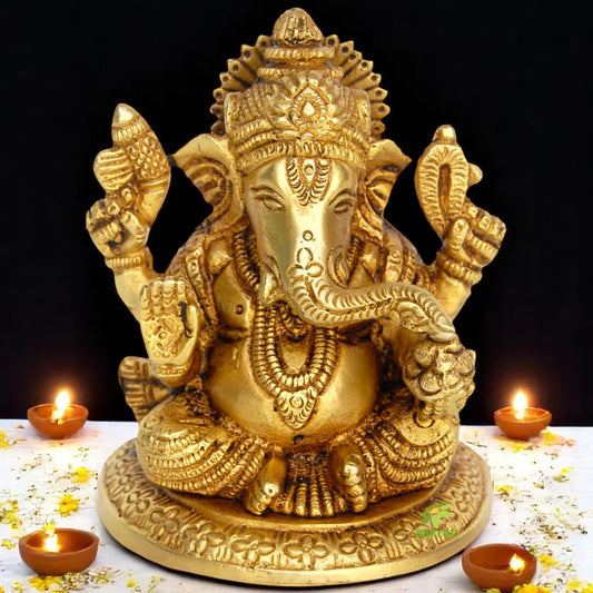 Brass Ganesha Idol | Ideal for Blessings, Prosperity, and Spiritual Energy | Handmade Mini Brass Ganesha Murti ( Yellow, 3.9 inch)