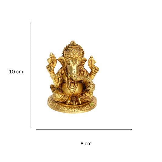 Brass Ganesha Idol | Ideal for Blessings, Prosperity, and Spiritual Energy | Handmade Mini Brass Ganesha Murti ( Yellow, 3.9 inch)
