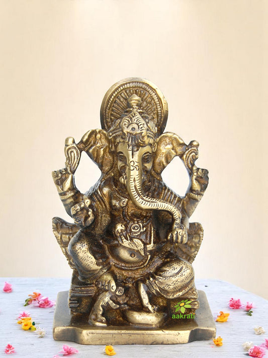 Traditional Brass Ganesha Idol | Artisanal Handcrafted Statue for Stylish Home Decor | Brass Lord Ganesha Statue ( Yellow, 3.9 inch)