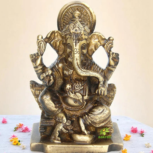 Traditional Brass Ganesha Idol | Artisanal Handcrafted Statue for Stylish Home Decor | Brass Lord Ganesha Statue ( Yellow, 3.9 inch)
