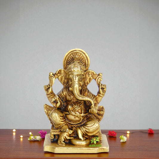 Premium Handcrafted Brass Ganesha Idol | Bring Blessings to Your Home | Elegant Brass Ganesha Statue ( Yellow, 3.9 inch)