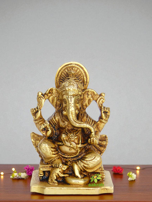 Premium Handcrafted Brass Ganesha Idol | Bring Blessings to Your Home | Elegant Brass Ganesha Statue ( Yellow, 3.9 inch)