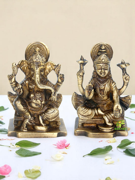Brass Laxmi Ganesha Murti | Beautiful Festival Decoration Piece | Handmade Brass Laxmi Ganesha Idol ( Yellow, 3.9 inch)