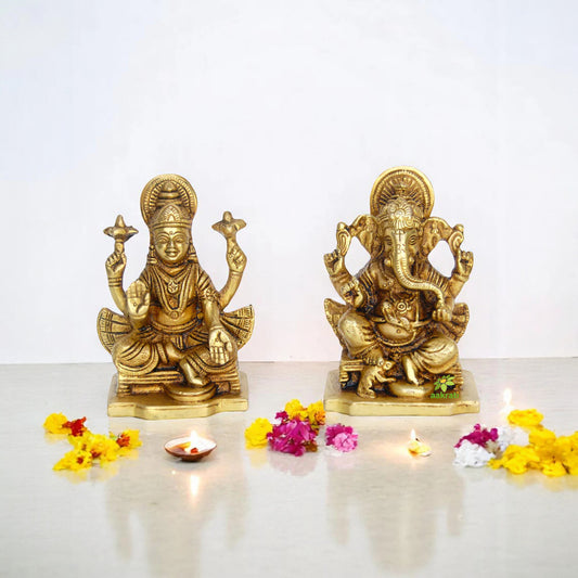 Festive Brass Laxmi Ganesha Statue | Divine Decoration for Your Home | Handcrafted Brass Laxmi Ganesha Murti ( Yellow, 3.9 inch)