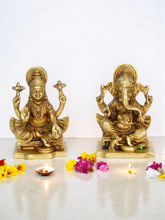 Festive Brass Laxmi Ganesha Statue | Divine Decoration for Your Home | Handcrafted Brass Laxmi Ganesha Murti ( Yellow, 3.9 inch)