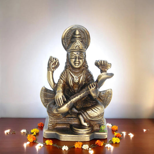 Traditional Brass Saraswati Idol | Perfect for Home Puja and Decor | Brass Goddess Saraswati Statue ( Brown, 3.9 inch)
