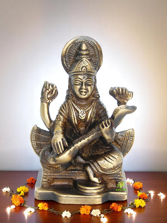 Traditional Brass Saraswati Idol | Perfect for Home Puja and Decor | Brass Goddess Saraswati Statue ( Brown, 3.9 inch)