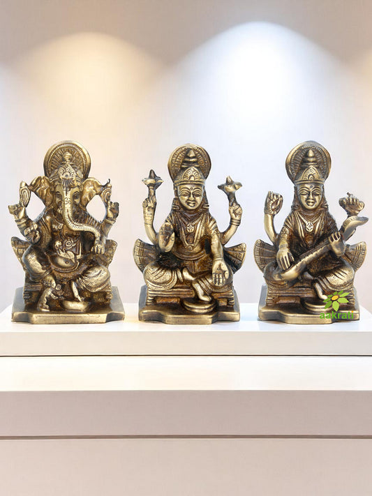 Brass Laxmi Ganesha Saraswati Murti | Handcrafted Religious Statue for Home Decor | Brass Religious Murti Set ( Brown, 3.9 inch)