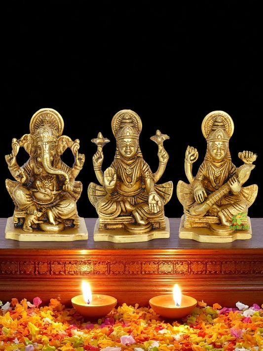 Brass Laxmi, Ganesha, Saraswati Murti | Aesthetic Religious Statue for Blessings and Decor | Divine Brass Statue Set ( Yellow, 3.9 inch)