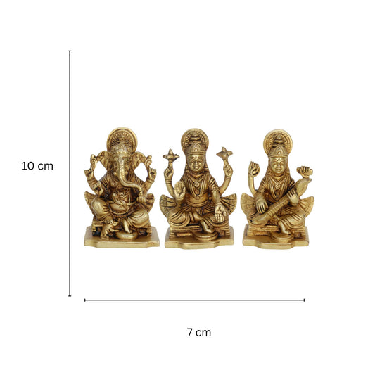 Brass Laxmi, Ganesha, Saraswati Murti | Aesthetic Religious Statue for Blessings and Decor | Divine Brass Statue Set ( Yellow, 3.9 inch)