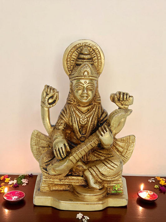 Premium Brass Saraswati Statue | Divine Symbol of Art, Music, and Learning | Handcrafted Brass Saraswati Murti ( Yellow, 3.9 inch)