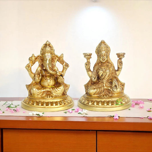 Handcrafted Brass Laxmi Ganesha Statue | Ideal for Diwali & Festive Decorations | Brass Laxmi Ganesha Idol ( Yellow, 5.9 inch)