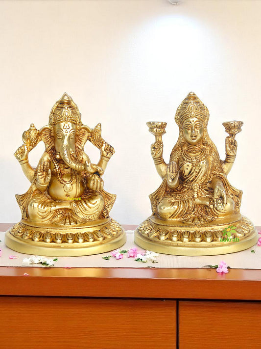 Handcrafted Brass Laxmi Ganesha Statue | Ideal for Diwali & Festive Decorations | Brass Laxmi Ganesha Idol ( Yellow, 5.9 inch)