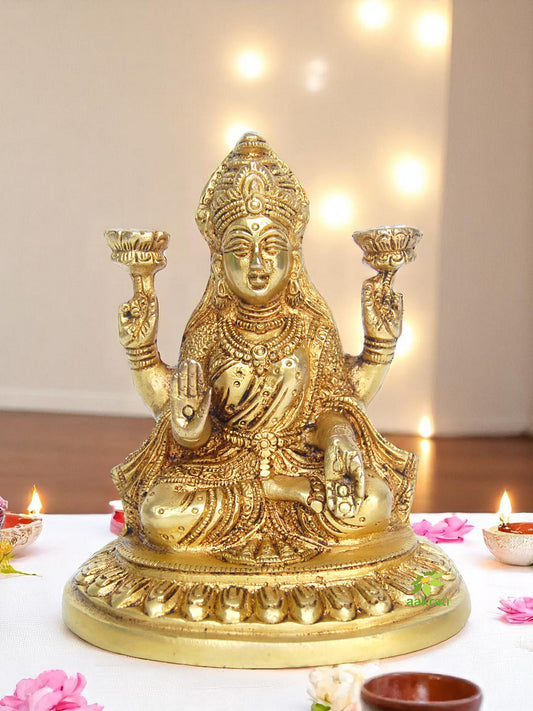 Brass Goddess Laxmi Murti | Ideal for Festive Celebrations & Home Decor | Handcrafted Brass Laxmi Idol ( Yellow, 5.5 inch)