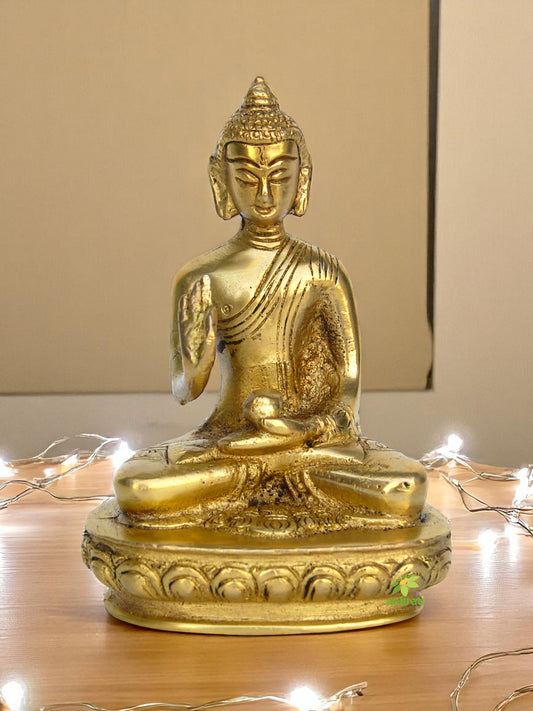 Traditional Brass Buddha Murti | Handcrafted Peaceful Idol for Home and Office Decor | Brass Buddha Statue ( Yellow, 4.3 inch)