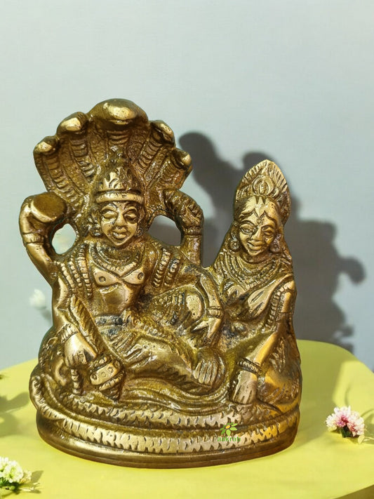 Brass Laxmi Narayan Idol | Divine Showpiece for Home Decor and Blessings | Handcrafted Brass Laxmi Narayan Statue ( Yellow, 4.7 inch)