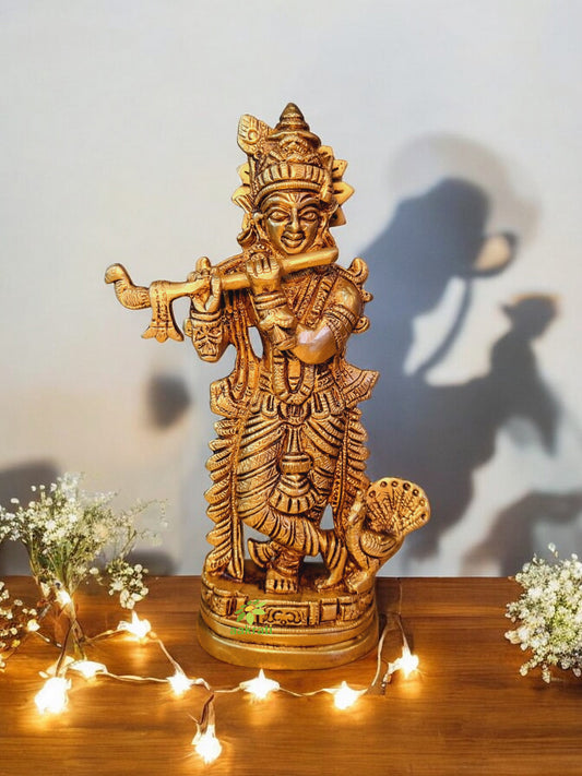 Brass Krishna Statue | Aesthetic Religious Idol for Festive Blessings | Handmade Brass Krishna Idol Showpiece ( Yellow, 7.5 inch)